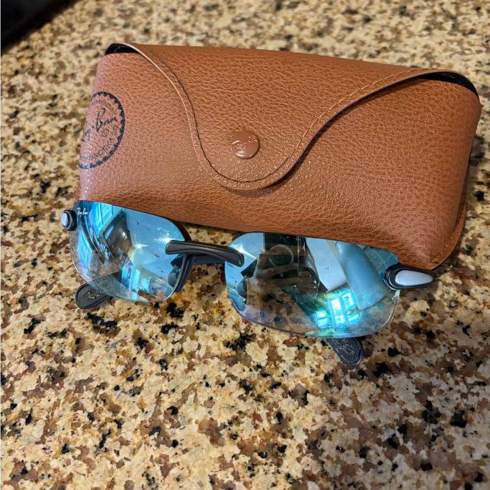 Ray-Ban Blue Aviator Sunglasses with Brown Leather Case